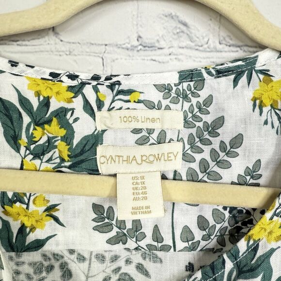 Chinthya Rowley Linen Blouse Women Size Plus 1X Floral Artsy Roll Tab Sleeve Top - Picture 6 of 9